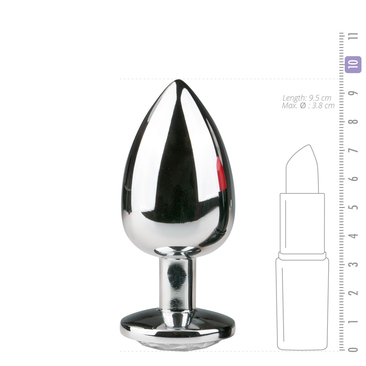 Zilverkleurige metalen buttplug met transparant kristal