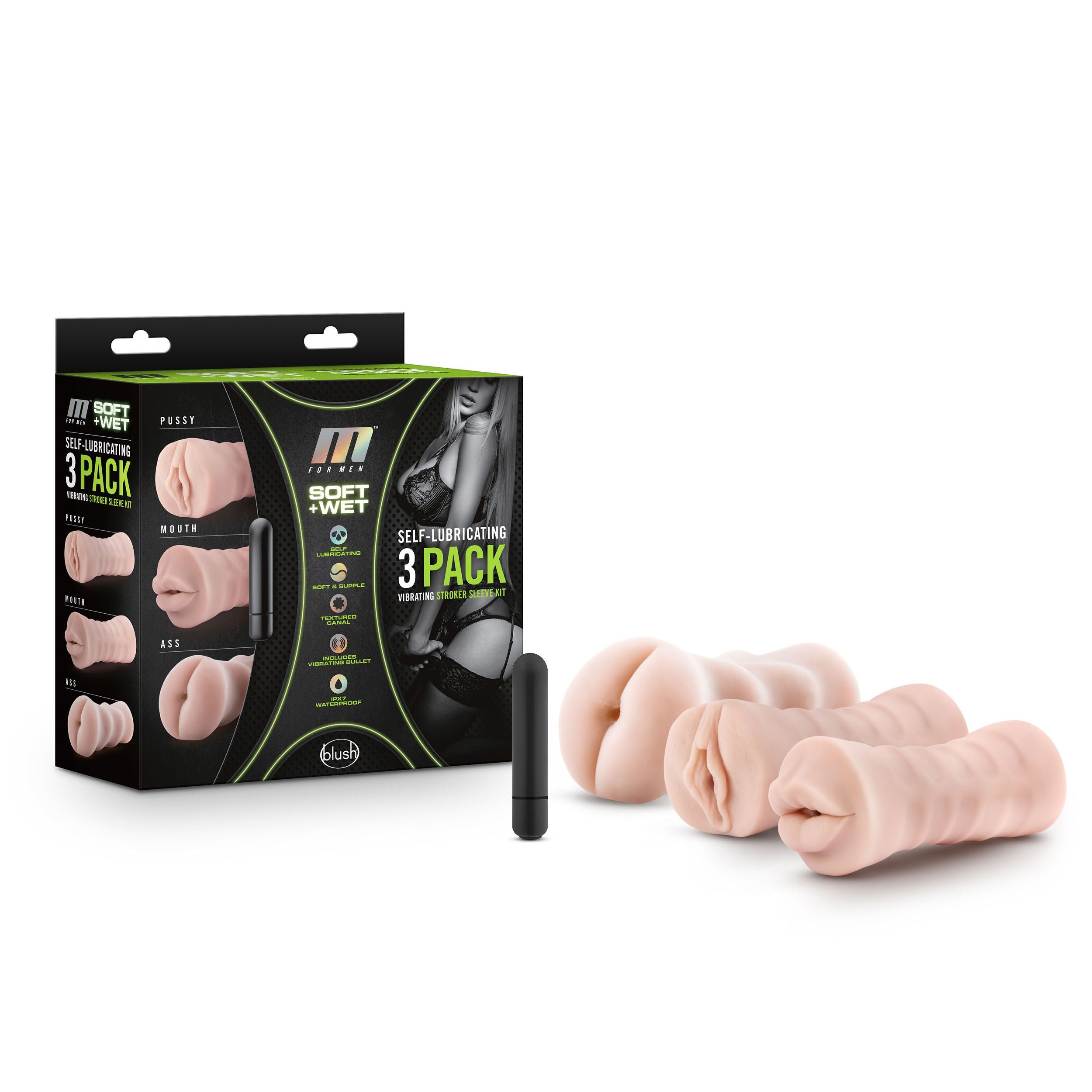 M voor mannen - Set Van 3 Masturbators Met Bullet Vibrator: Vagina, Anus, Mond