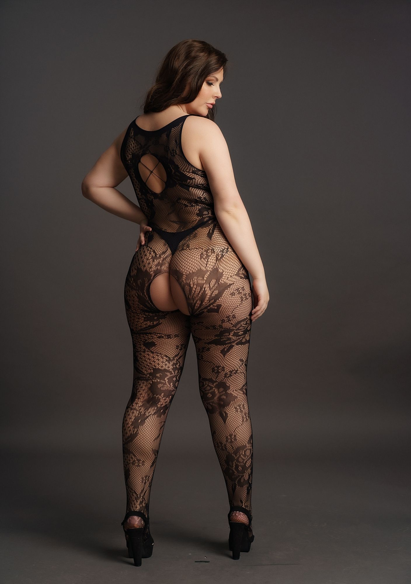 Curvy Catsuit in kant optiek zwart