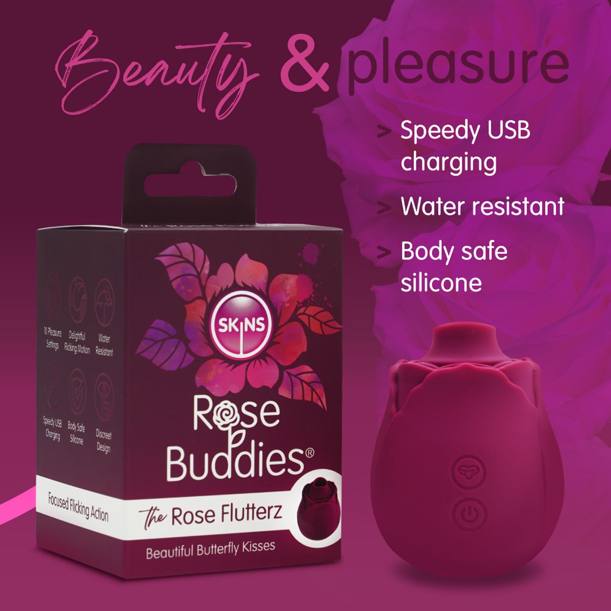 Skins Rose Buddies - The Rose Flutterz Vibrator - Wijnrood