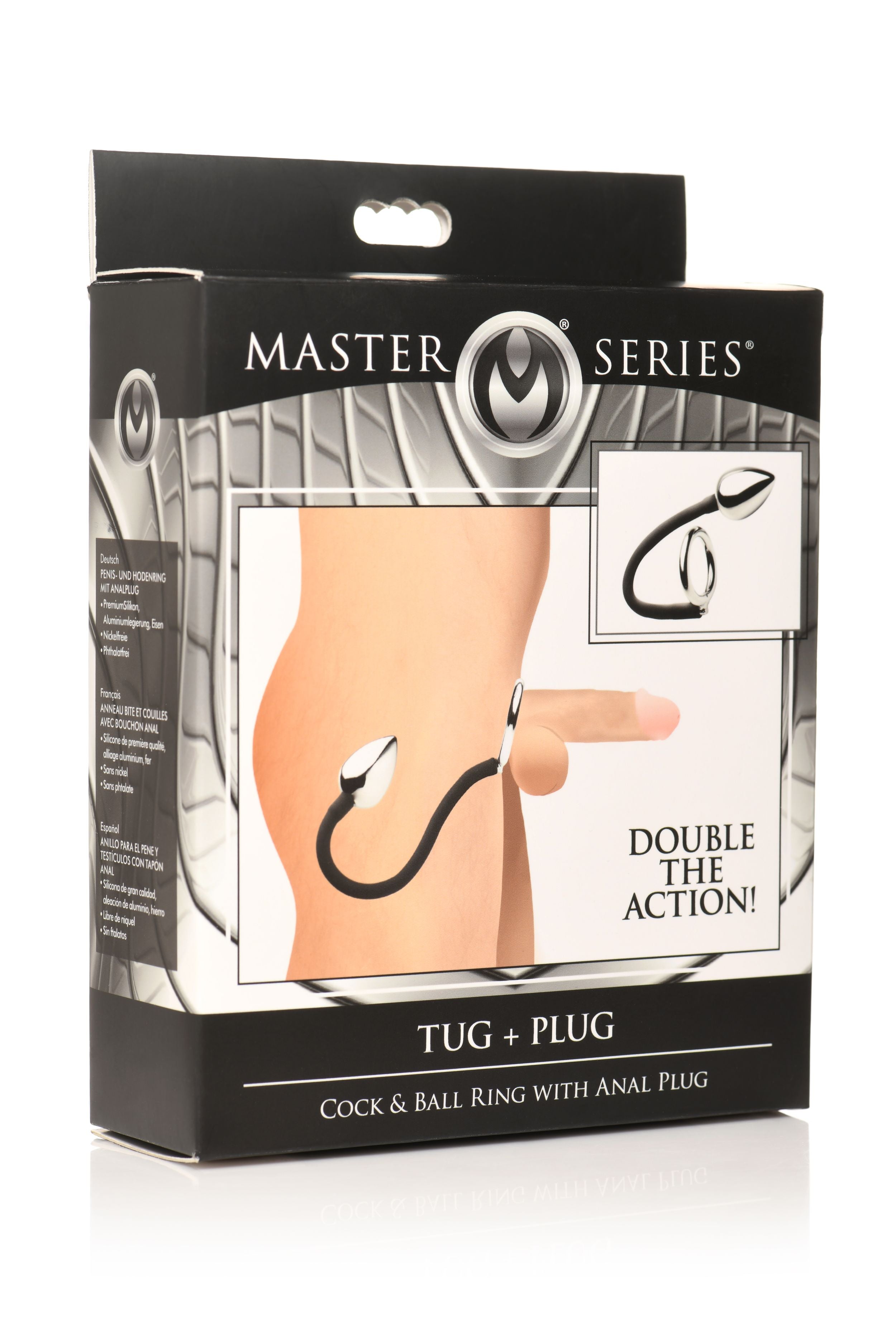 XR Brands - Tug + Plug Cock & Ball Ring met Anaalplug - Zwart&Zilver