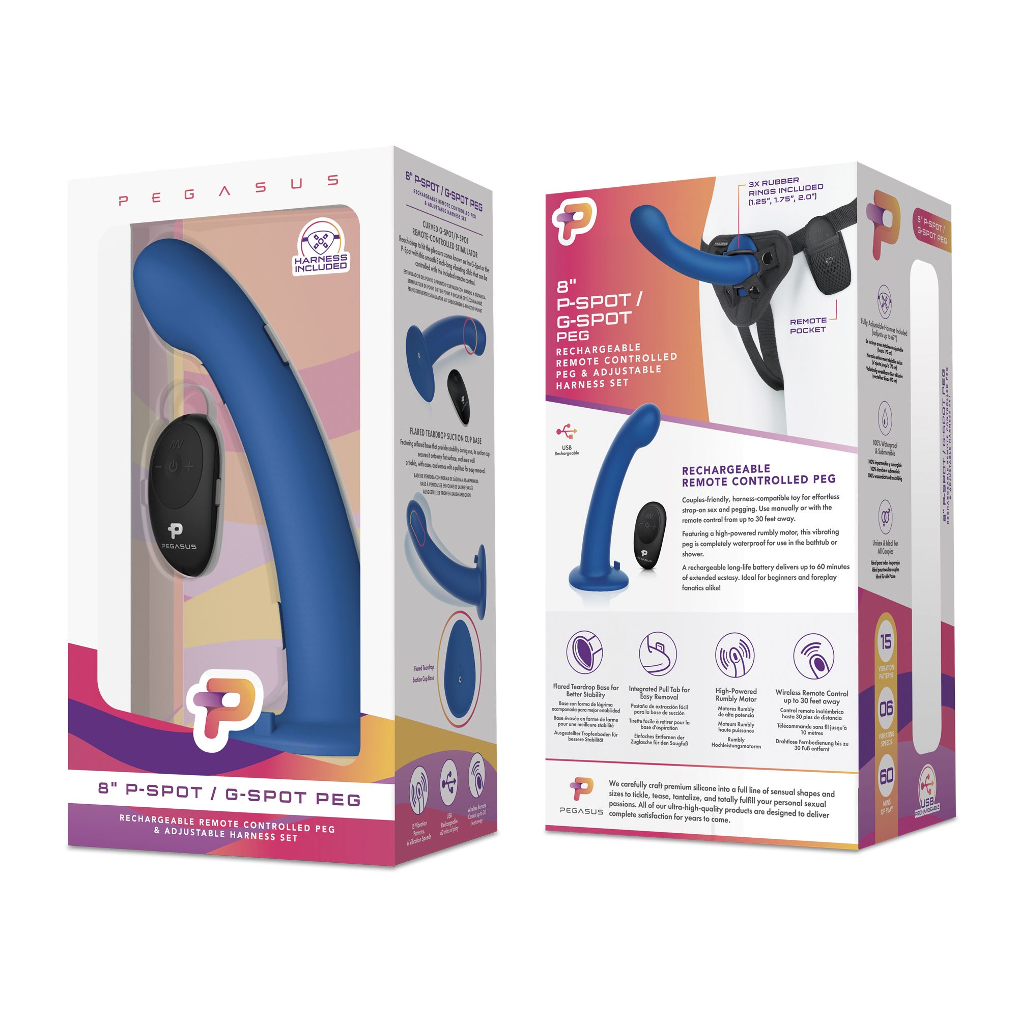 Pegasus - 8? Remote Control P-Spot G-Spot Silicone Peg with Harness Include
