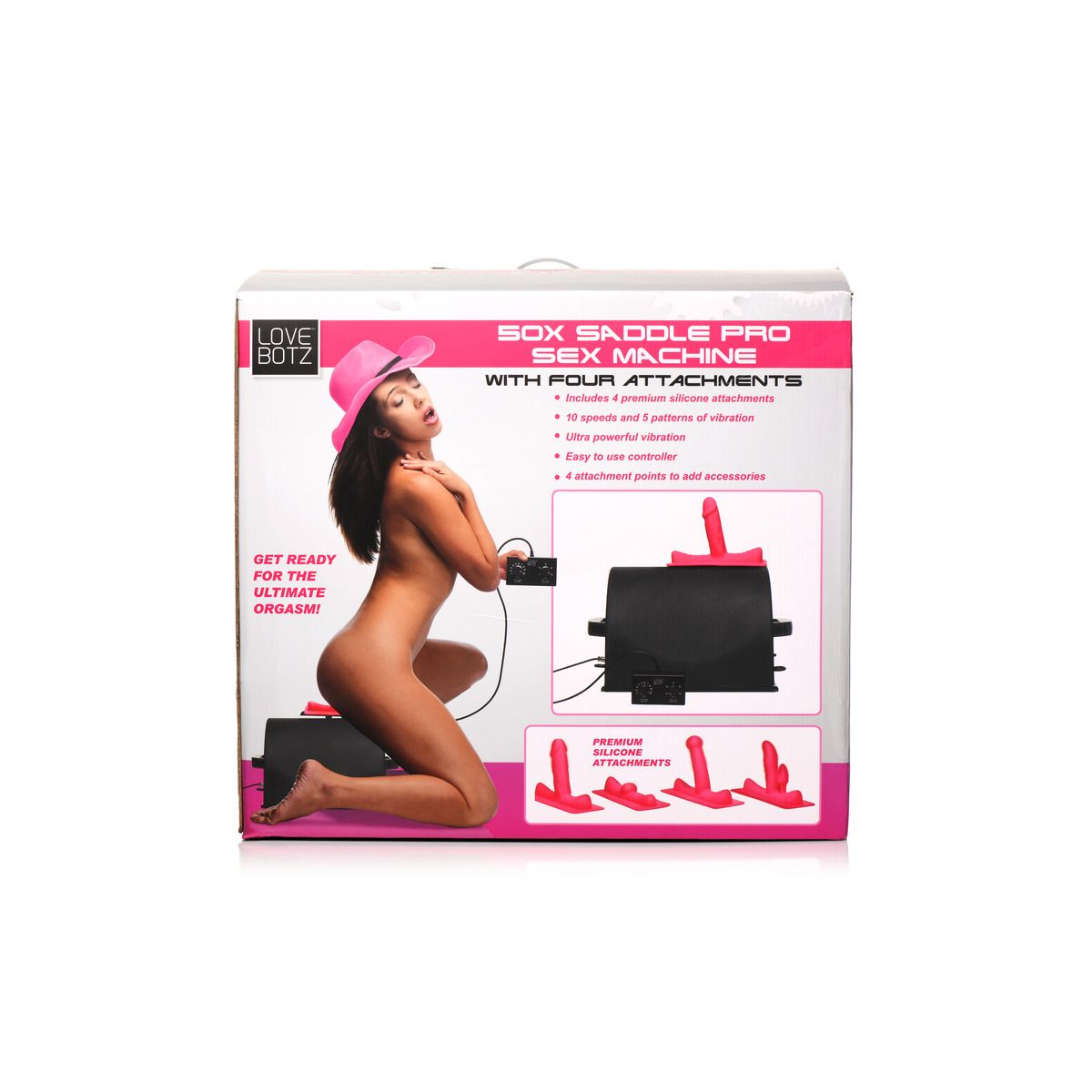 LOVE BOTZ - 50X Saddle Pro Sex Machine met 4 Opzetstukken - Zwart