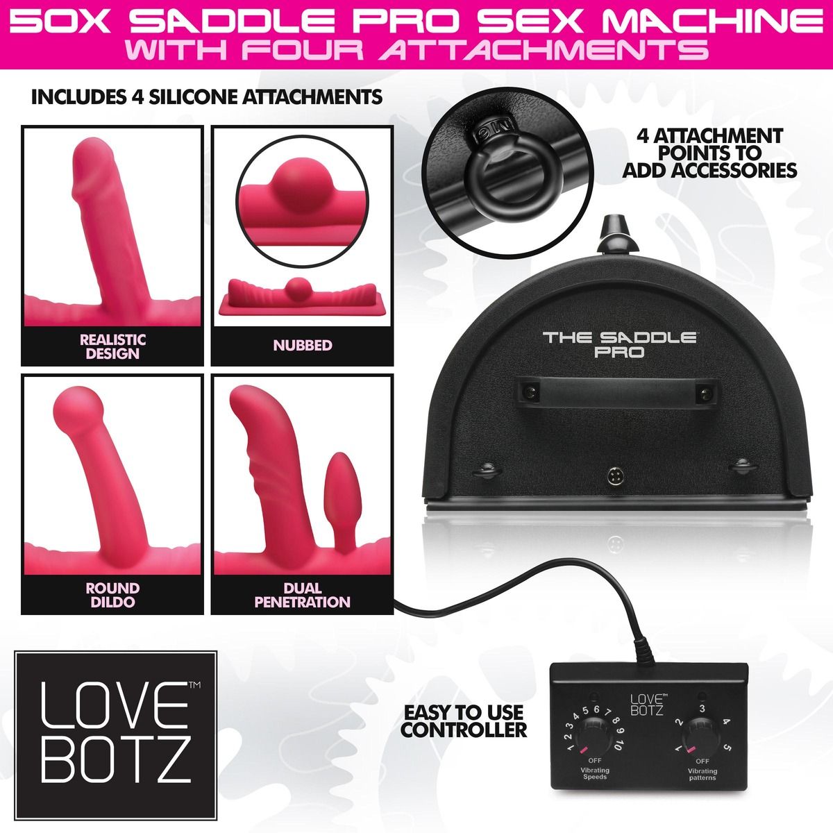 LOVE BOTZ - 50X Saddle Pro Sex Machine met 4 Opzetstukken - Zwart